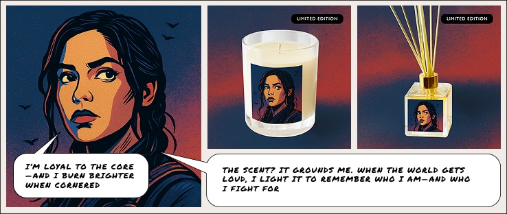 Bix Caleen character panel beside a Honey Willow Midnight Noir candle and diffuser