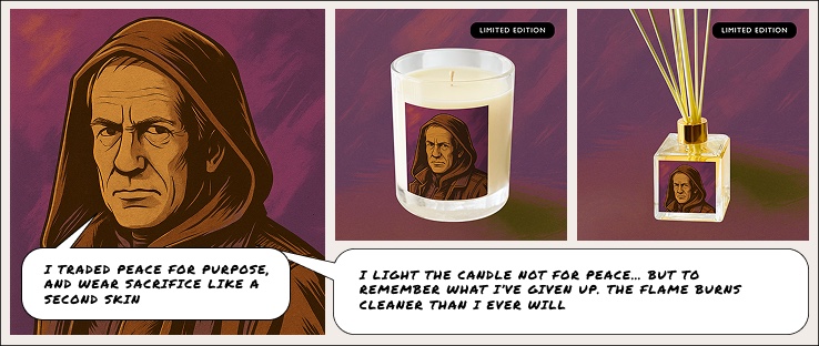 Luthen Rael character panel beside a Honey Willow Sandalwood candle and diffuser
