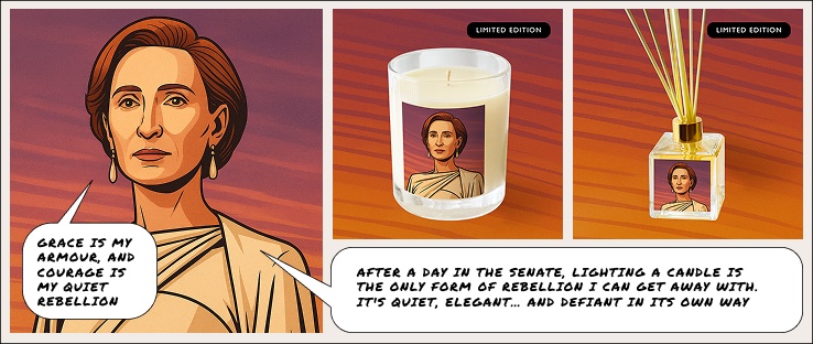 Mon Mothma character panel beside a Honey Willow Champagne and Strawberries soy candle