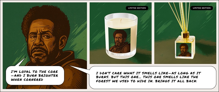 Saw Gerrera character panel beside a Honey Willow Emerald Canopy candle and diffuser