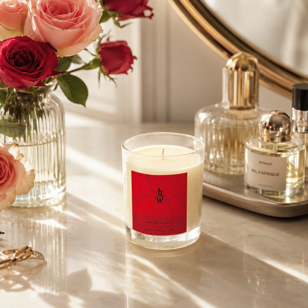 The Amour a Paris soy candle on a marble dressing table with red and pink roses, a mirror and perfume bottles