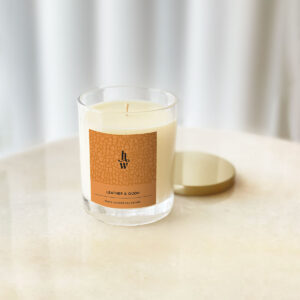 Honey Willow Leather & Oudh aurora candle, 180g eco-friendly home fragrance