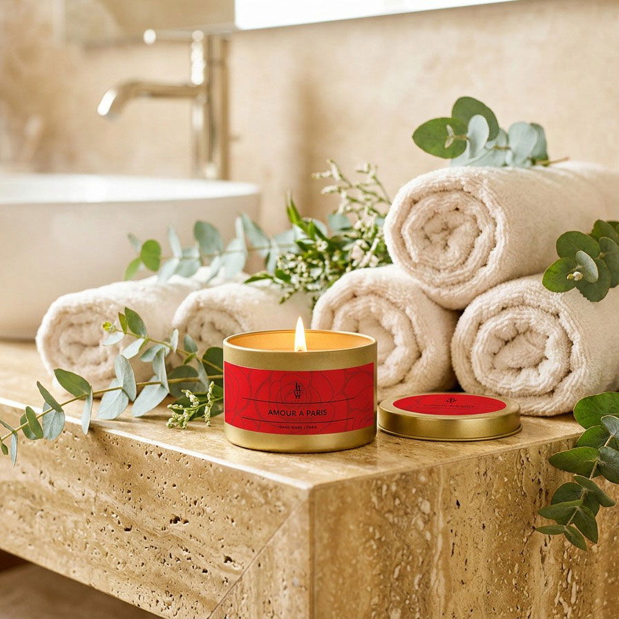 The Amour a Paris candle tin on a travertine bathroom ledge with rolled towels and eucalyptus