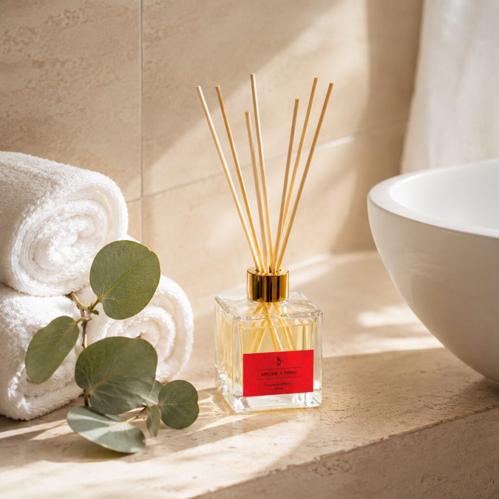 The Amour a Paris reed diffuser on a bathroom ledge with rolled towels, eucalyptus and a basin