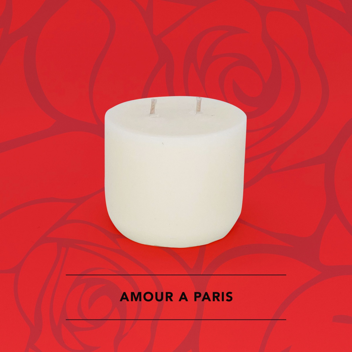 Honey Willow Amour a Paris soy candle in a white vessel against a red Parisian floral background