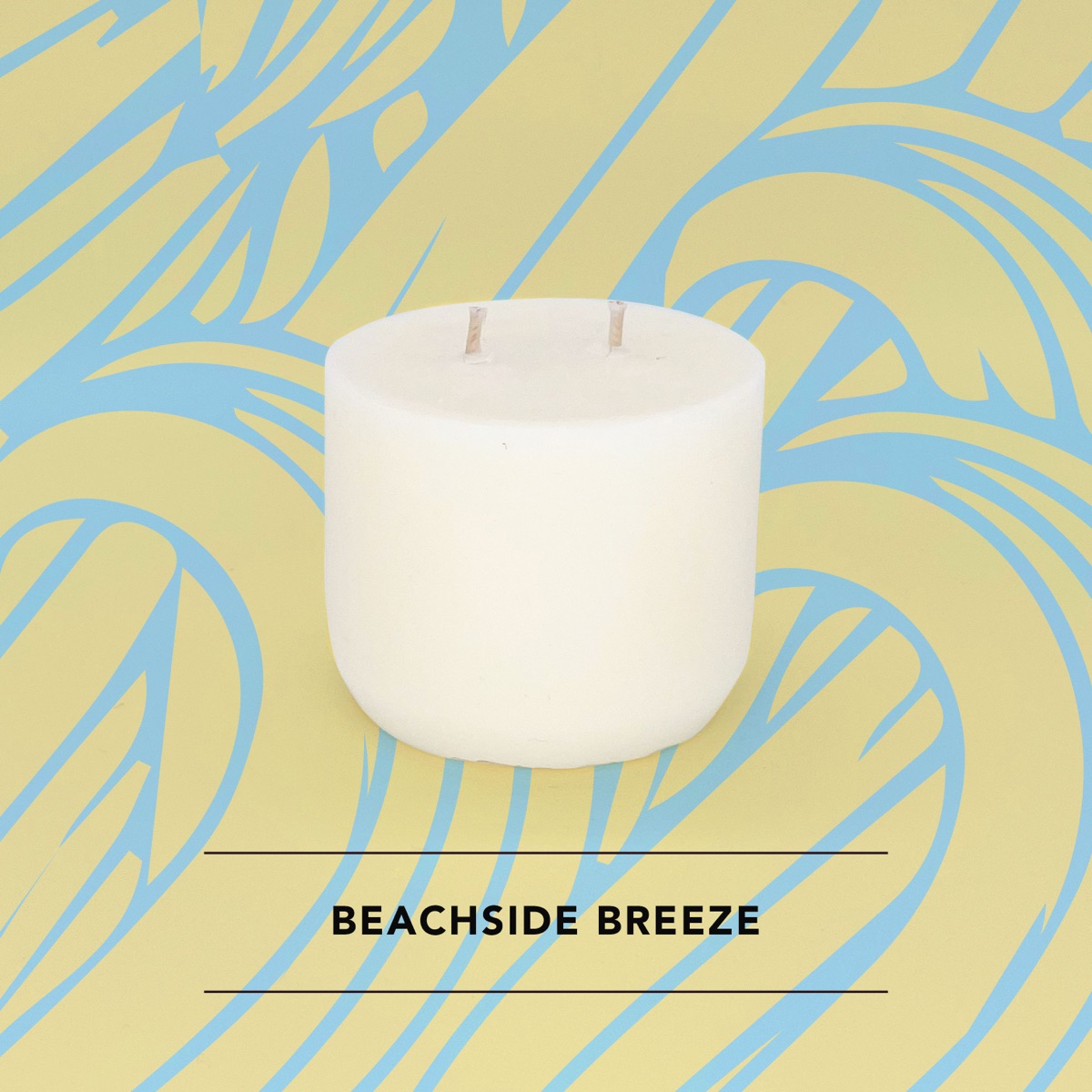 Honey Willow Beachside Breeze soy candle in a white vessel against a coastal blue and yellow wave background