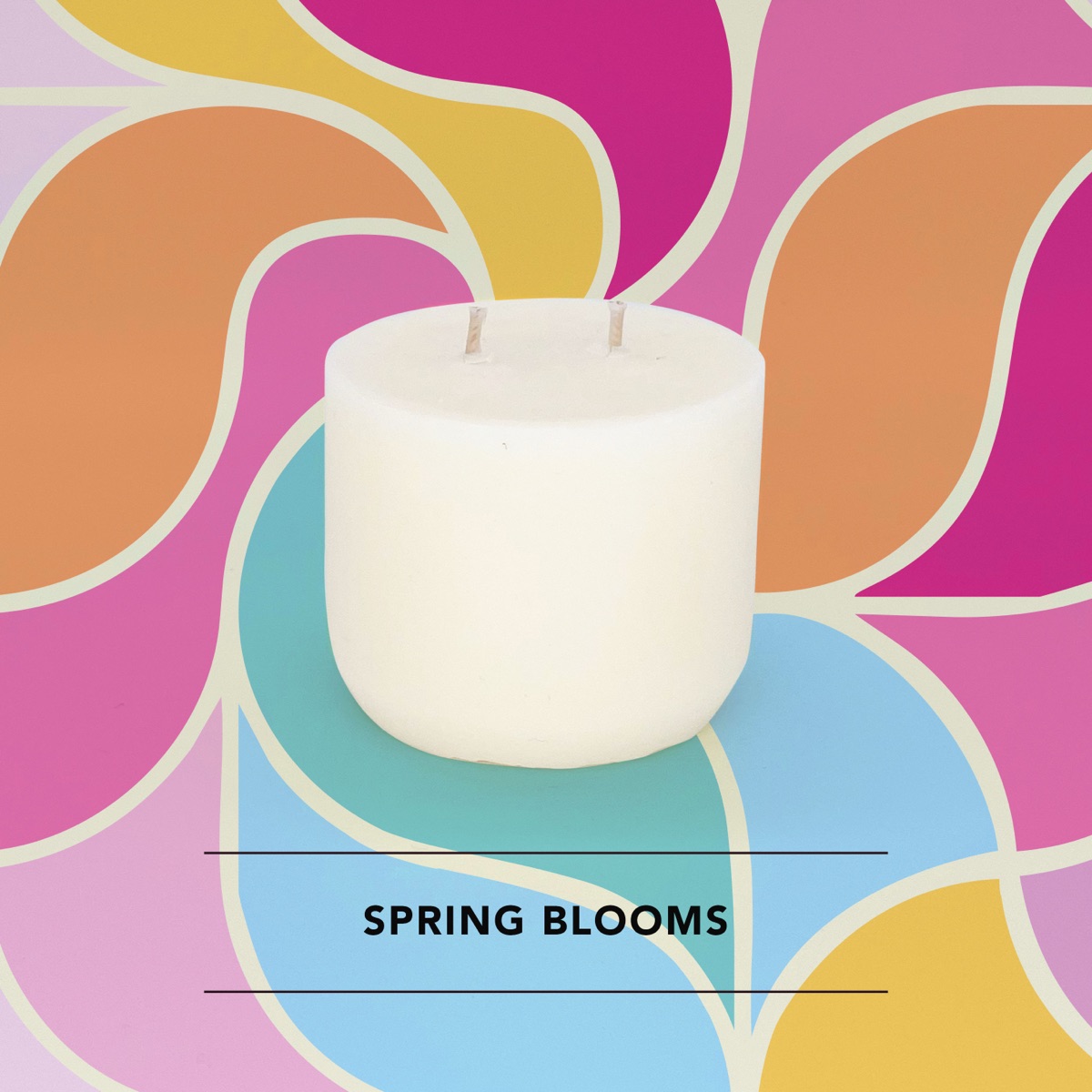 Honey Willow Spring Blooms soy candle in a white vessel against a colourful abstract floral background