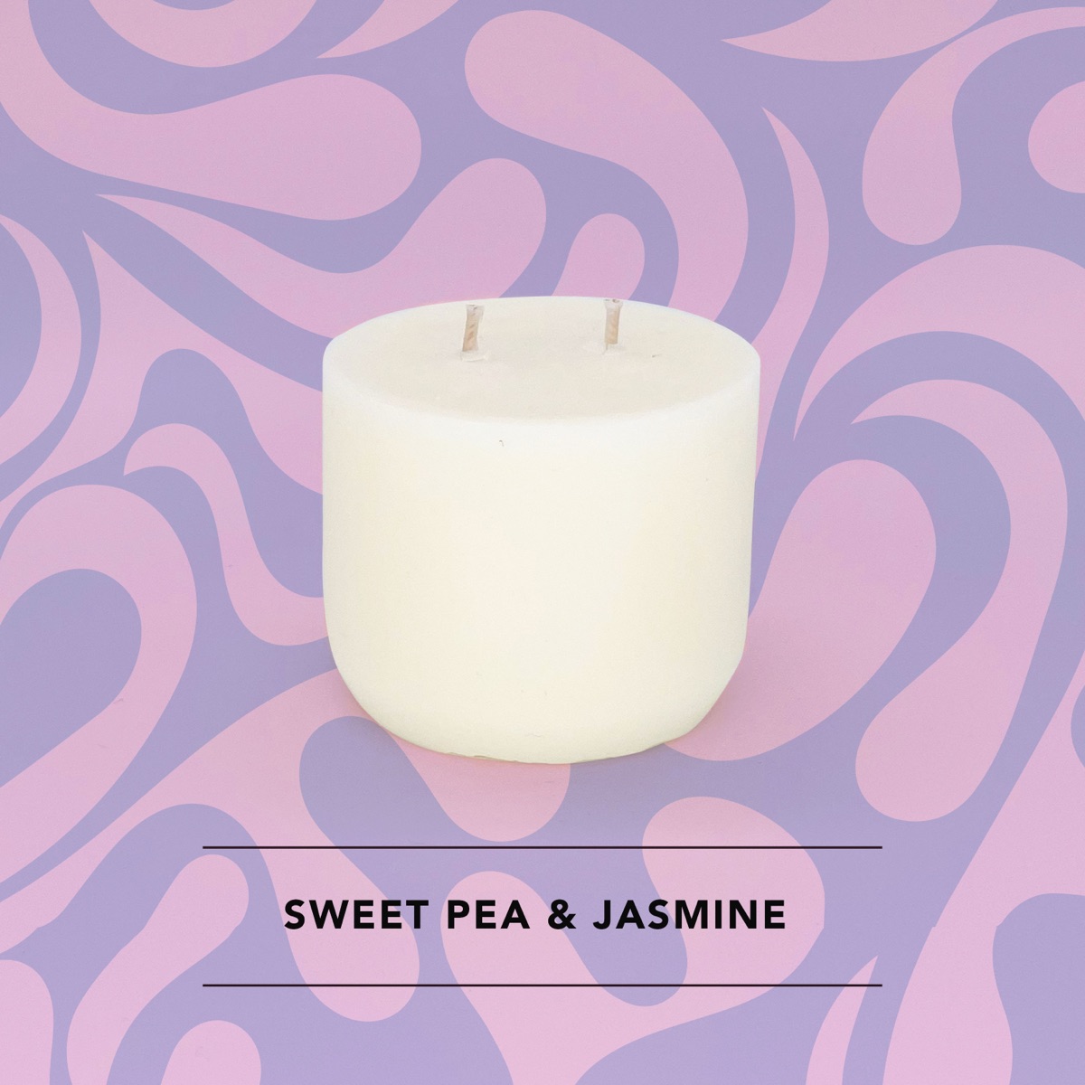 Honey Willow Sweet Pea and Jasmine soy candle in a white vessel against a purple swirl background
