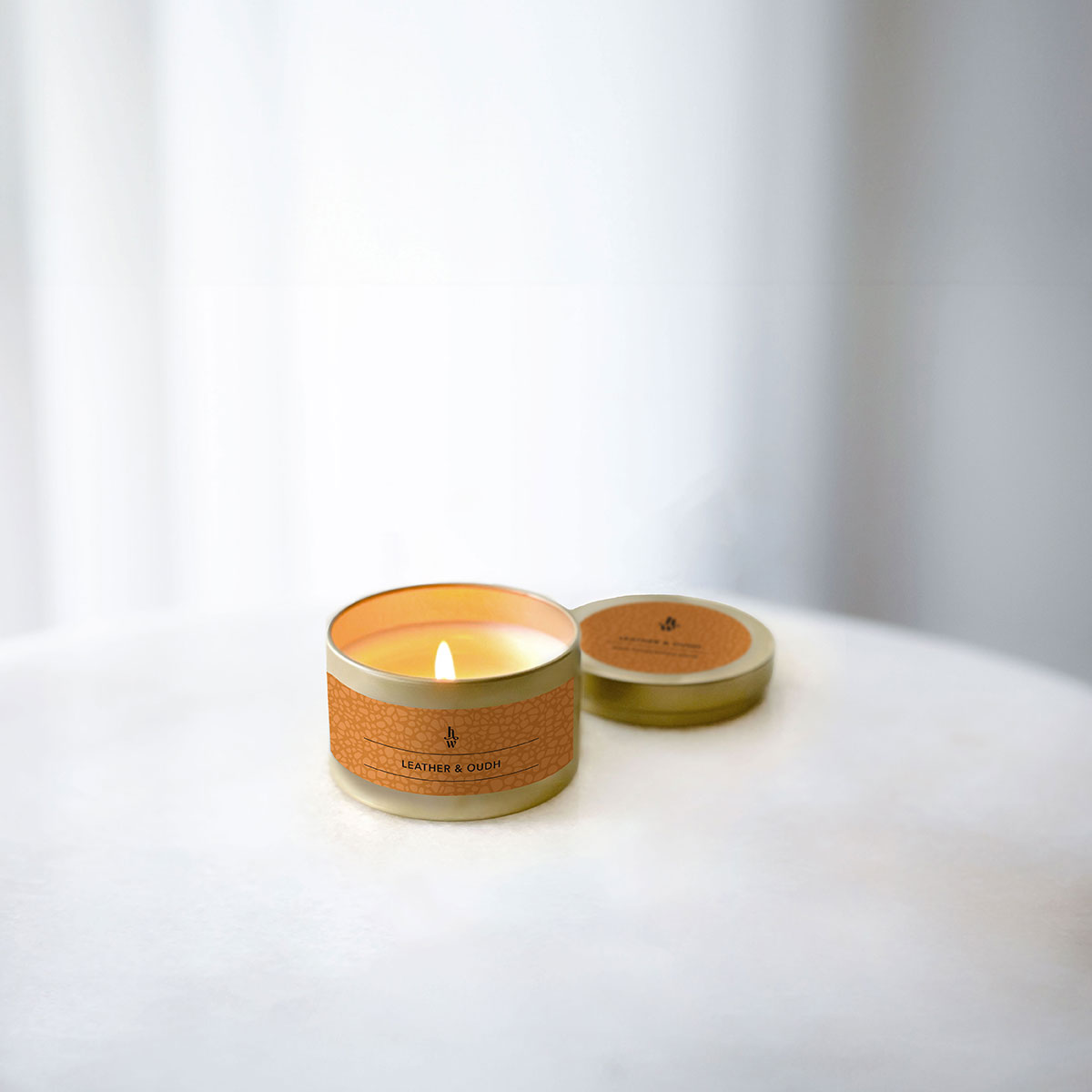 Honey Willow Leather & Oudh candle tin, 120g eco-friendly home fragrance